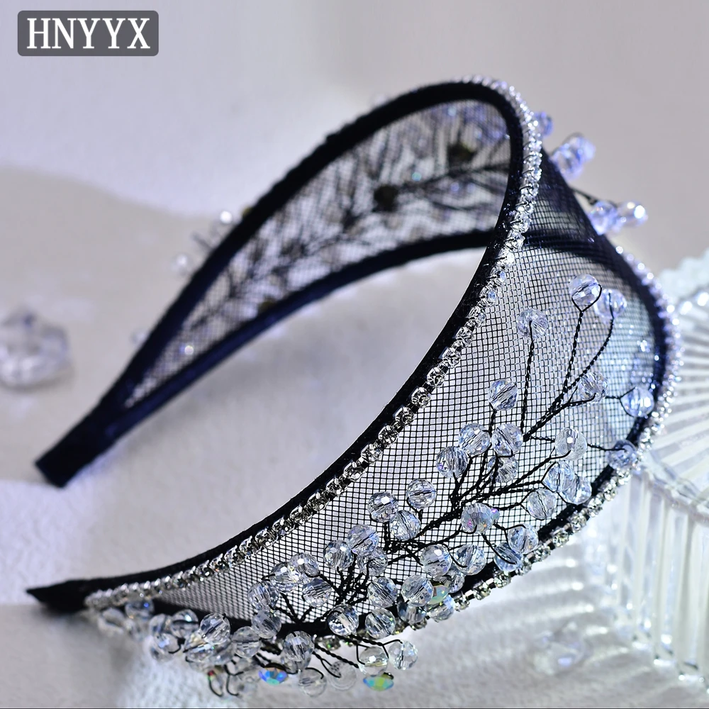 HNYYX French Retro Black Headdress Crystal Headband Handmade For Women Hairband Holiday Party Rhinestone Jewelry A151