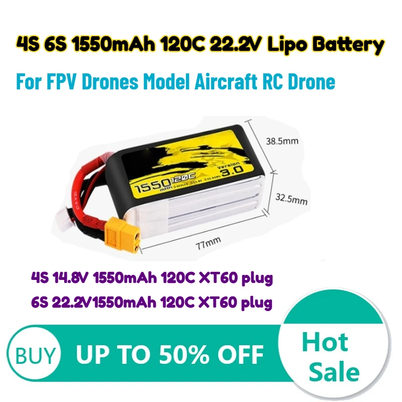 4S 6S 1550mAh 120C 22.2V Lipo Battery with XT60 Plug for FPV Drones Model Aircraft RC Drone High-Quality Rechargeable Battery