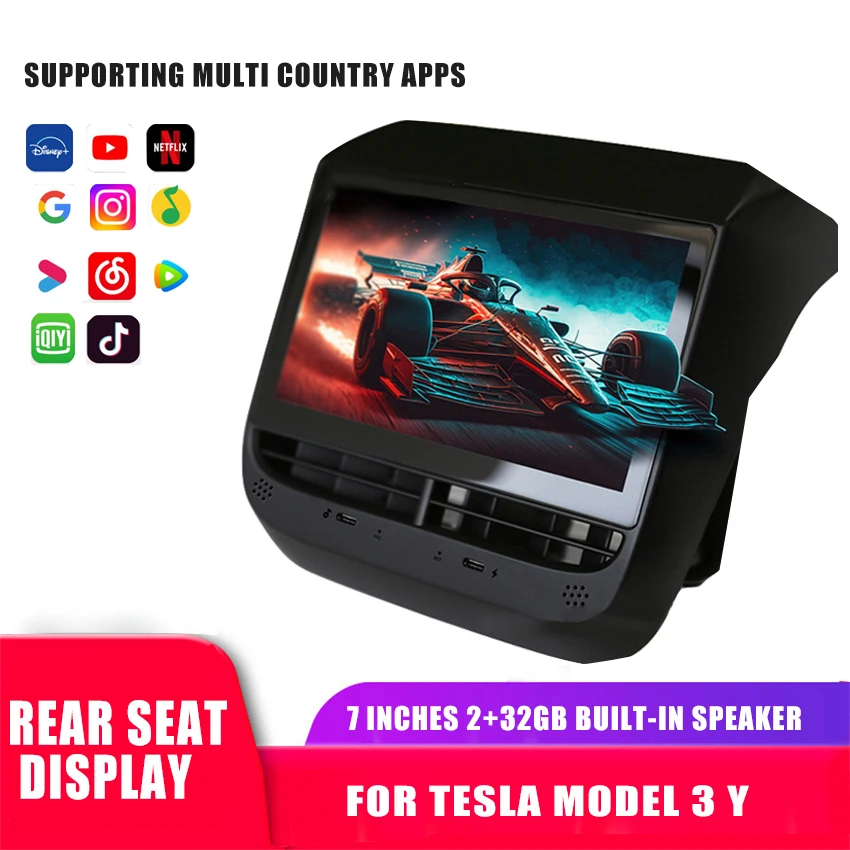 7inch Car Rear Seat Display Panel For Tesla Model 3 Y Cars Multimedia Player Support Netflix Carplay Air Conditioner Control
