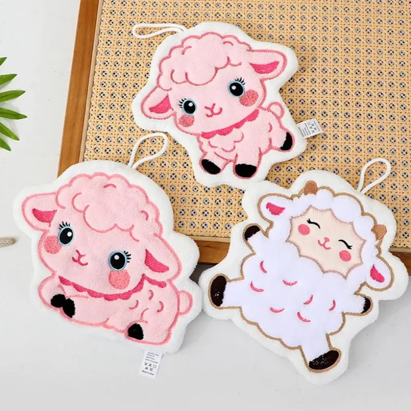 Cartoon Lamb Plush Hanging Hand Towel Highly Absorbent Thick Soft for Home Kitchen Bathroom Housewarming Gift