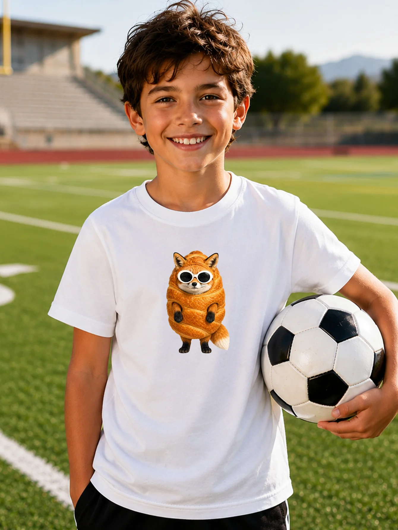 Cartoon Fox Croissant Shades Print Kids Tee Boys Girls Cotton Family Match Parent Child Summer Soft Breathable Kid Daily Wear