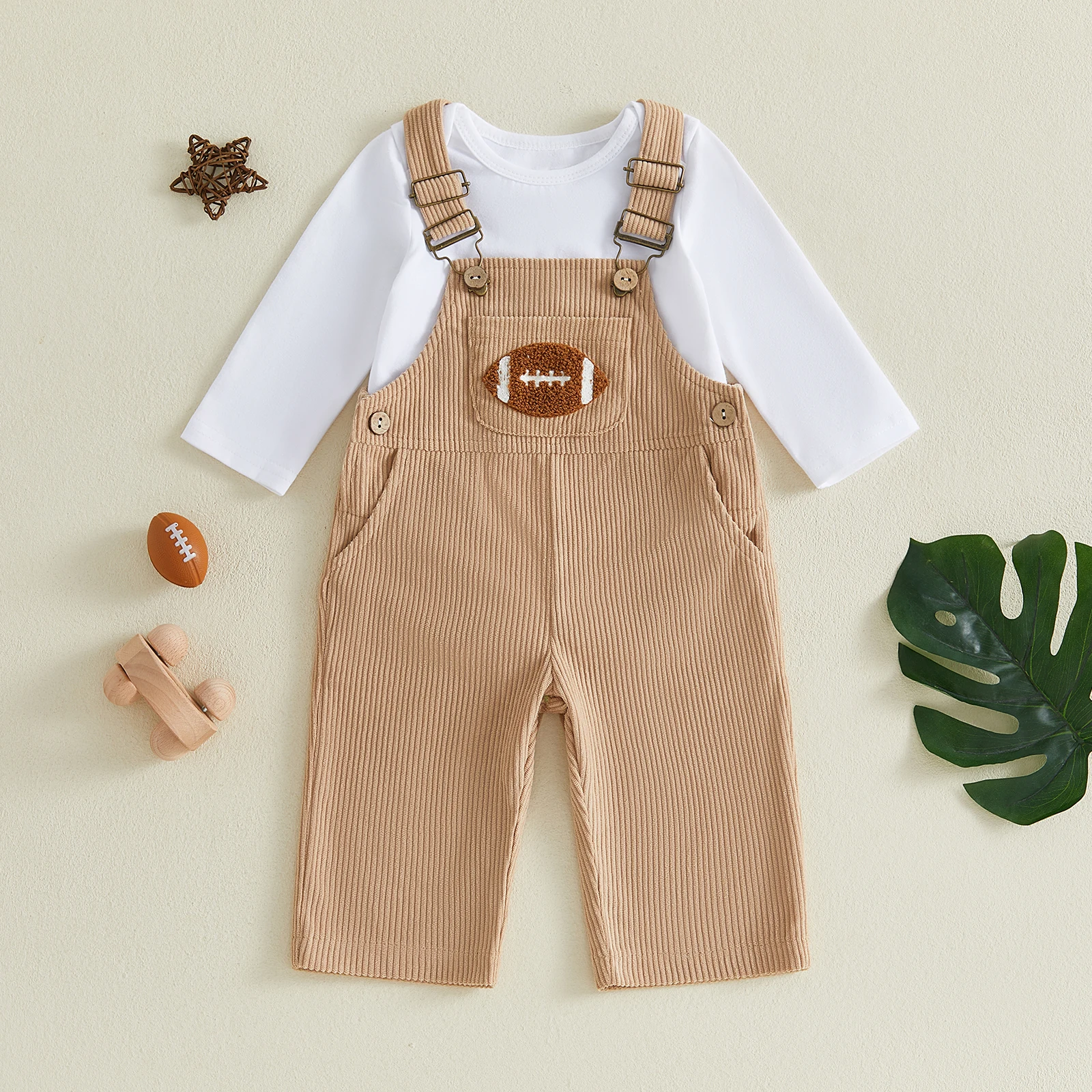 0-18M Baby Boy Fall Outfit Set Solid Long Sleeve Romper Embroidery Corduroy Overall Pants Kids Autumn Clothes