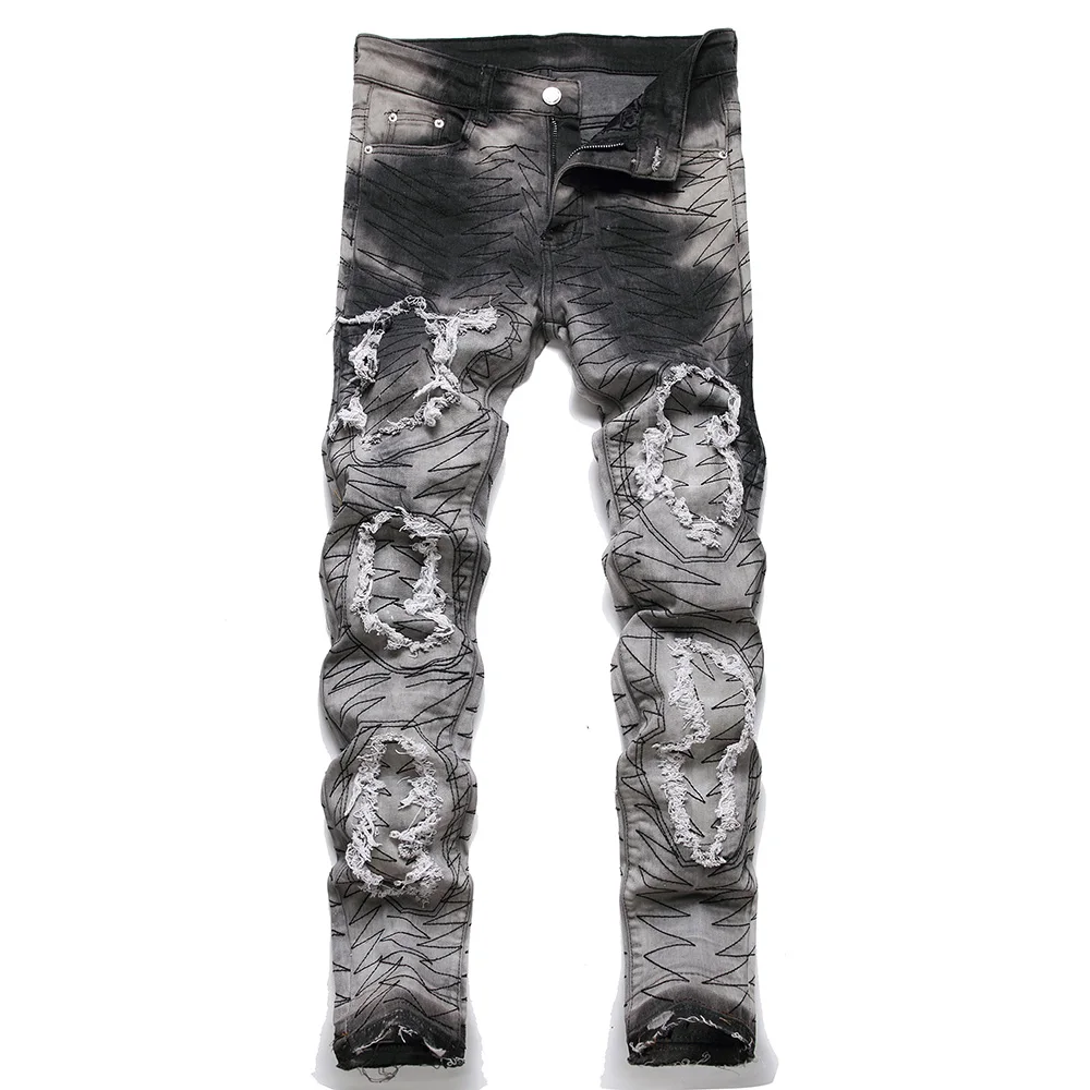 Men Release Hem Slim Tapered Jeans Gray Black Stretch Denim Pants Embroidery Fringe Patch Ripped Tie Dye Trousers