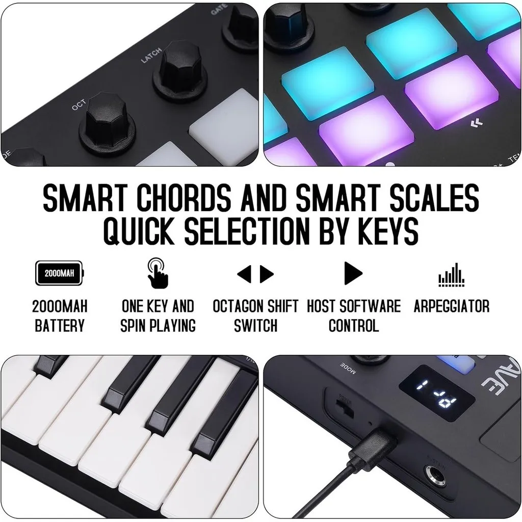 M-VAVE SMK-II Controlador de teclado, 25 teclas, teclado MIDI, 16 almofadas de bateria retroiluminadas, Bluetooth, semi ponderada, Keycap dinâmico profissional