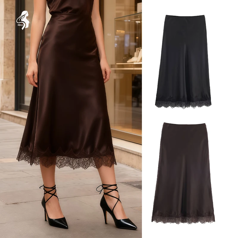 Black Lace Panelled Hem Draped Cut Silk Satin Skirt Elegant Party Date Outfit Womens Fashion Skirt Bottoms Trafizaran