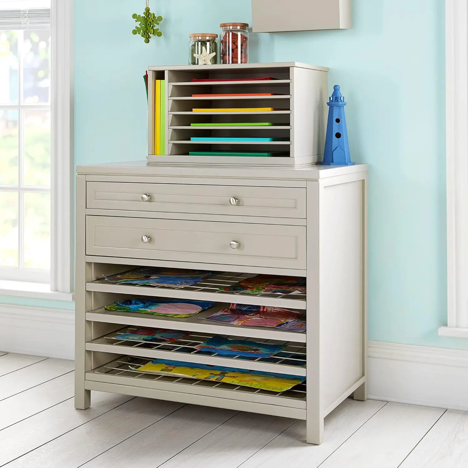 Martha Stewart Crafting Kids' Art Storage With Drying Racks - Gray, Wooden Arts And Crafts Organizer With Removable Wire Racks