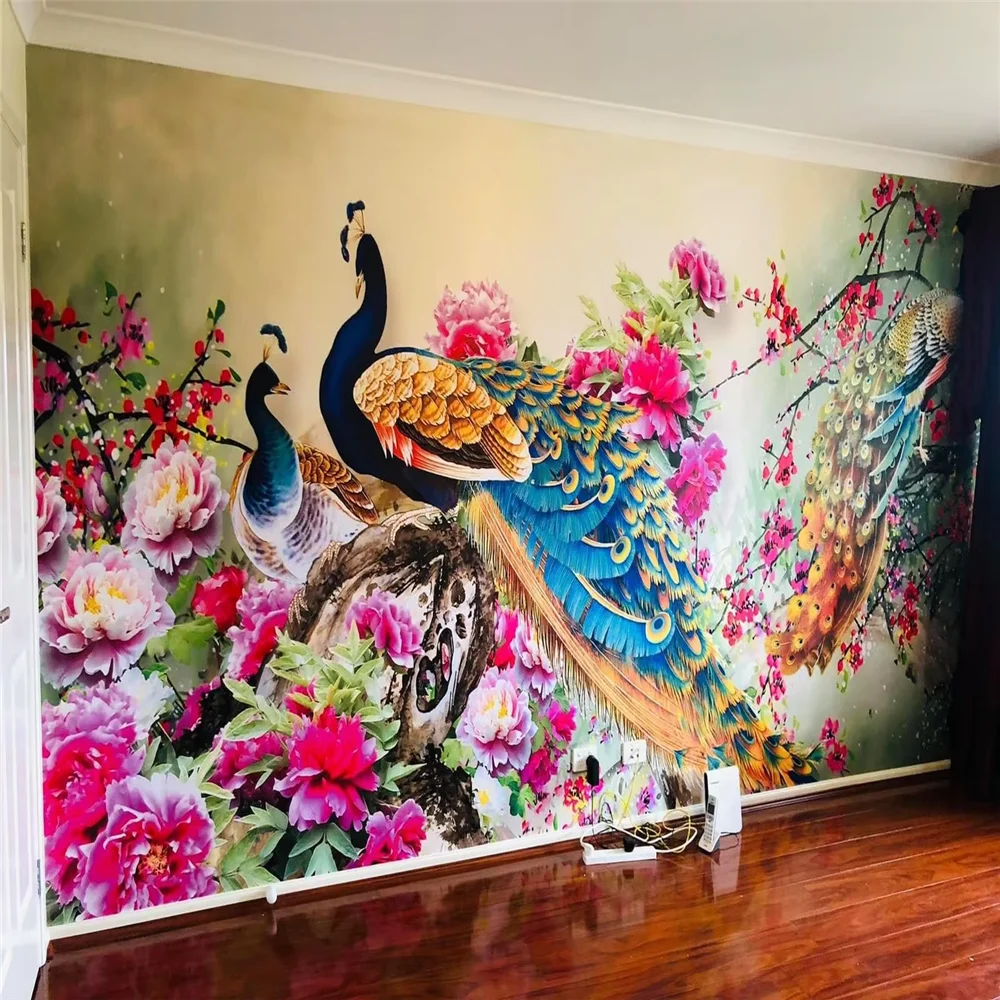 Custom 3D Peacock Flowers PVC Self-Adhesive Mural Wallpaper - Home Decor Wall Decor for TV Background
