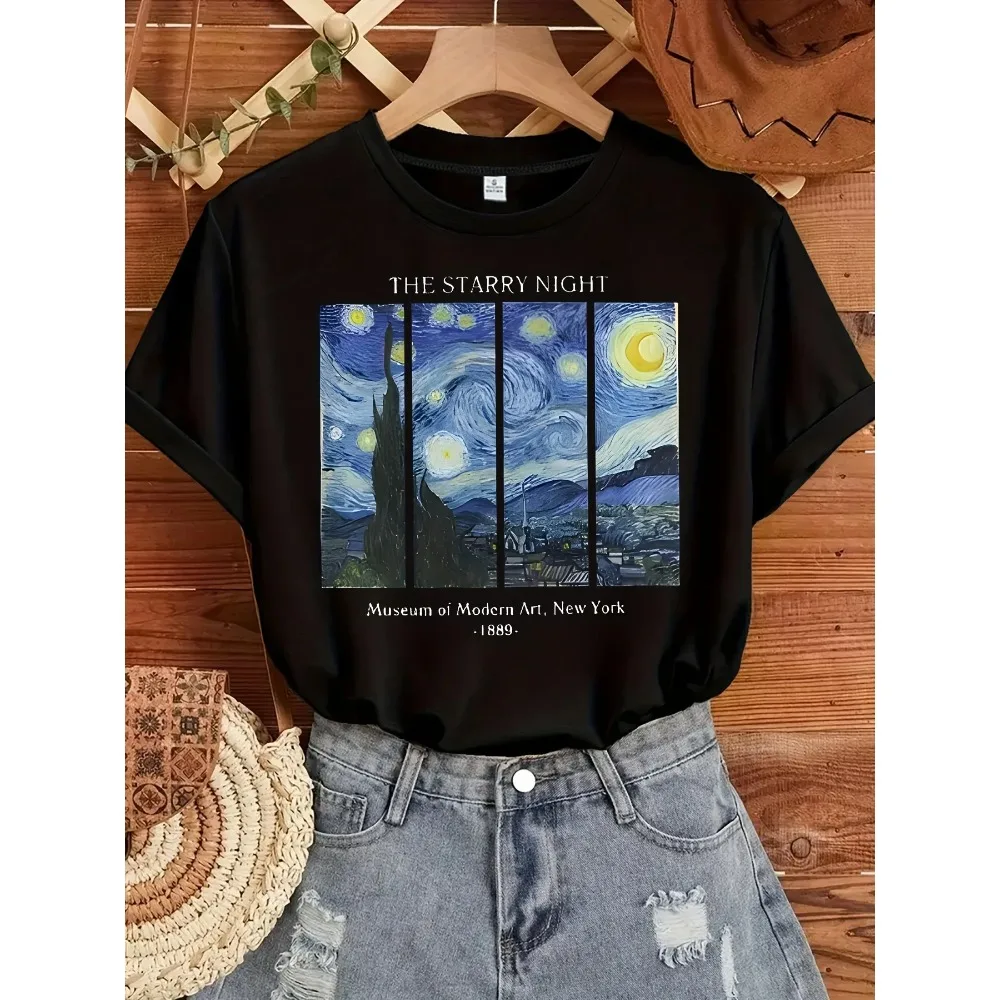 Women's Starry Night Graphic Tee Casual Round Neck T-Shirt Artistic Inspired Classic Design for Casual Attire Urban Style top