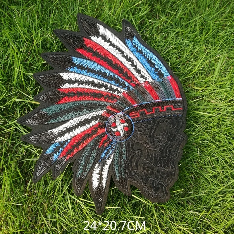 24cm Oversized Colorful Indian Head Feather Embroidery Patches With Adhesive DIY Sewing Garment Applique