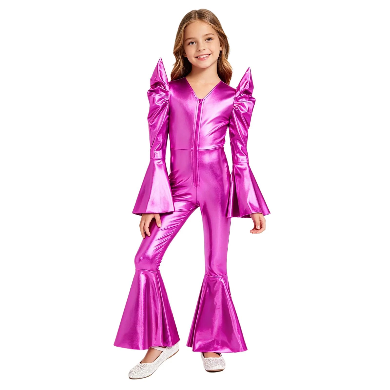 

Girls Disco Jazz Jumpsuit Shiny Metallic High Waist Front Zipper Bell Bottom Long Sleeves Hippie Romper for Halloween Clubwear