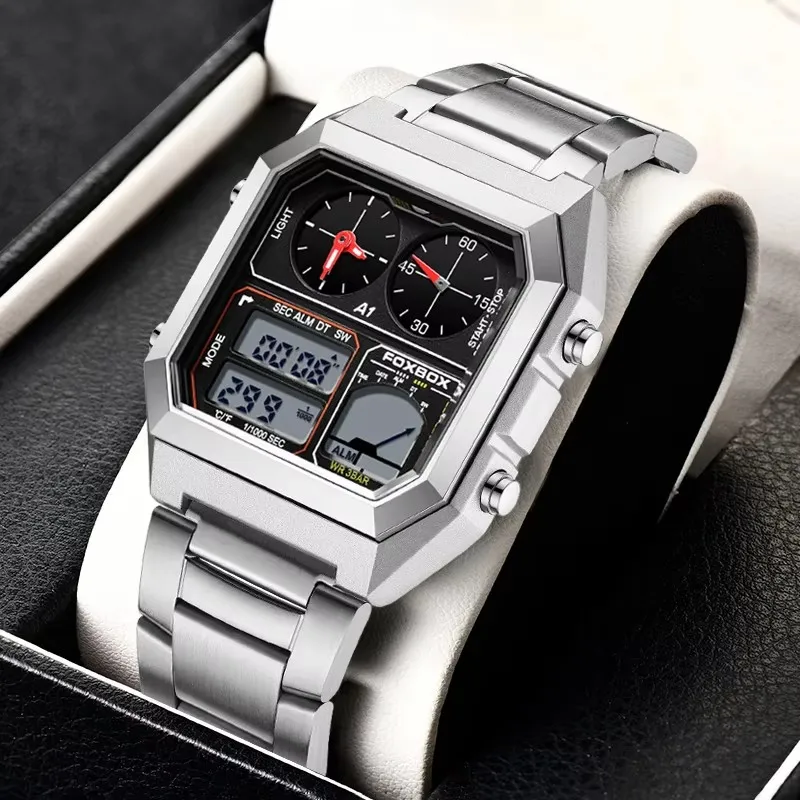 

FOXBOX лучший бренд класса люкс из нержавеющей стали Chrono спортивные часы мужские подсветка дисплей цифровые наручные часы 3 бара водонепроницаемые Reloj + коробка
