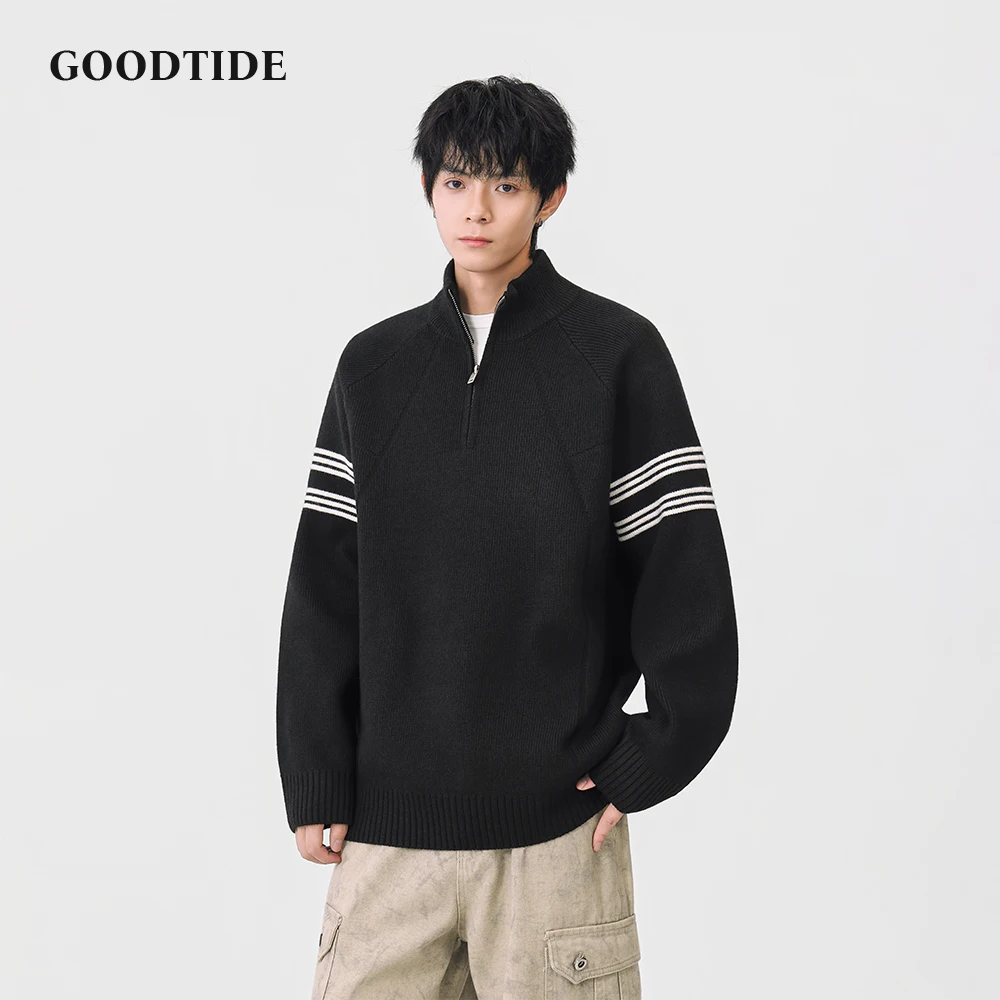 Fashion Men's Casual Half Zip Mock Neck Sweater 2025 Winter New Stripe on Sleeve Raglan Sleeve Knitted Pullover Soft Jumper Top
