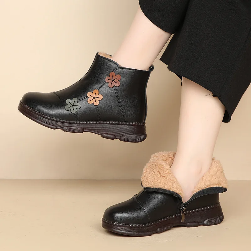 Winter Genuine Leather Flat Casual Women Boots Women Waterproof Keep Warm Snow Boots Ladies Ankle Boots Mom Shoes