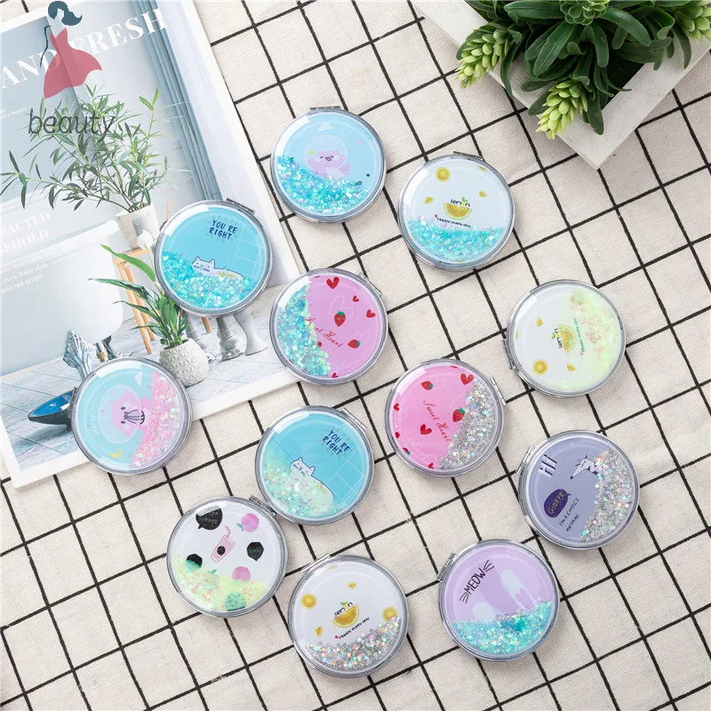 Portable Double-Sided Folding Cosmetic Mirror Female Gifts With Flowing Sparkling Sand Mini Makeup Mirror Compact Pocket Mirrors