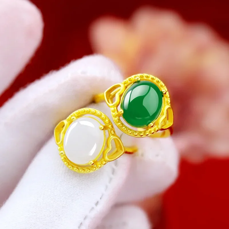 9999 Real Gold 24K Gold Chalcedony Open Women's Ring, Live Gold and Jade Love Women's Ring