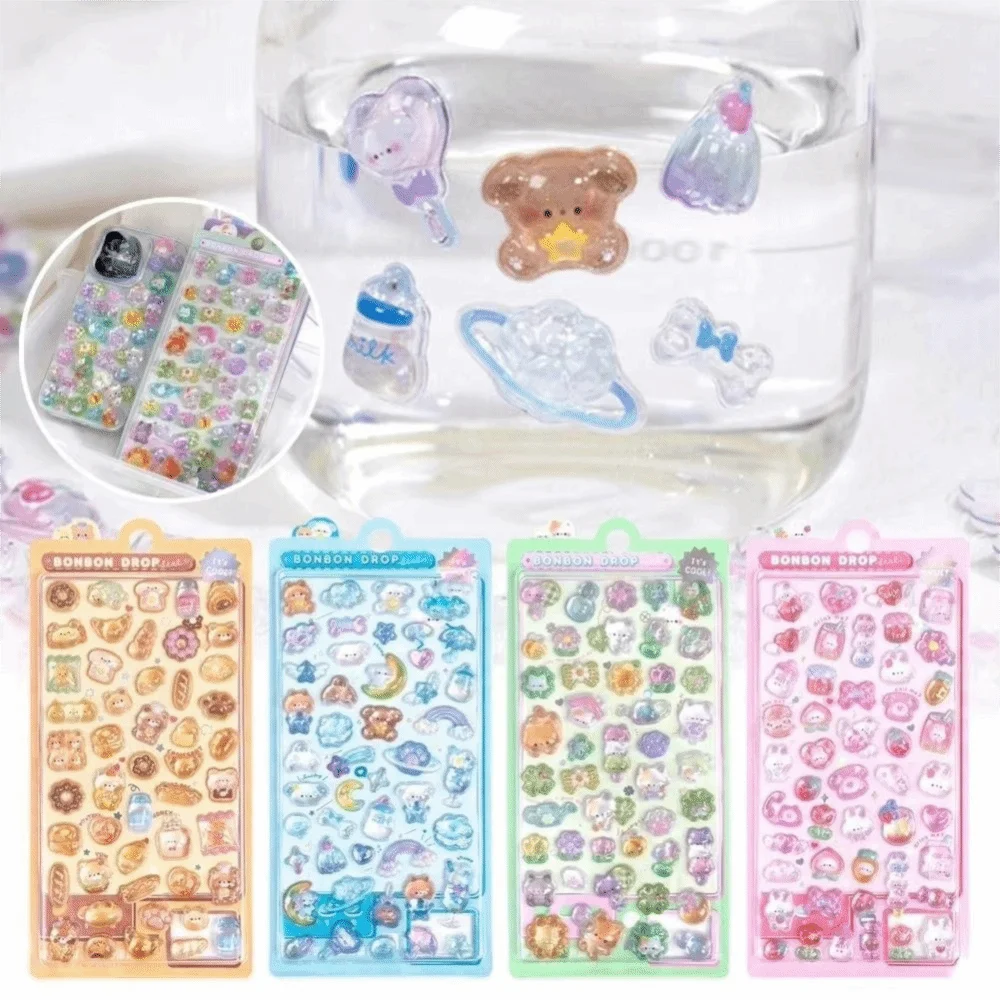 

6Sheets/Pack Gifts 3D Cartoon Relief Sticker Diary Stationery Sticker Cat Crystal Jelly Patch DIY Puppy Phone Case Decorate
