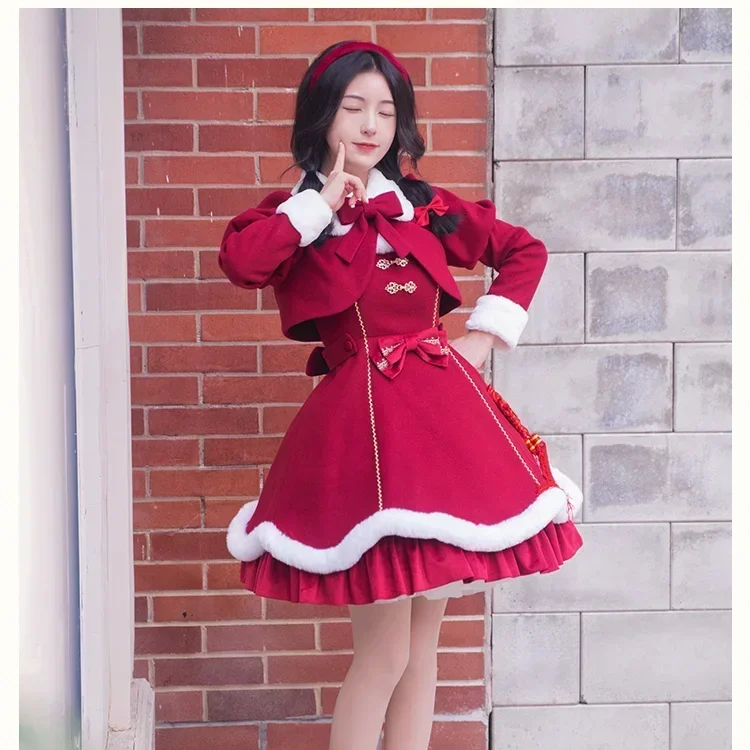 Coalfell لوليتا ملابس عيد الميلاد رداء الحرب معطف فرو الأرنب الأحمر الخريف والشتاء تنورة لوليتا سميكة متعددة الاستخدامات