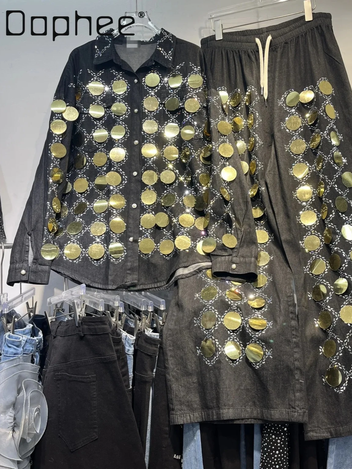 

European Popular Heavy Industry Large Sequined Denim Shirt Top Trousers Suit High-end Fashion Thin Beaded Wide-leg Pants Outfits