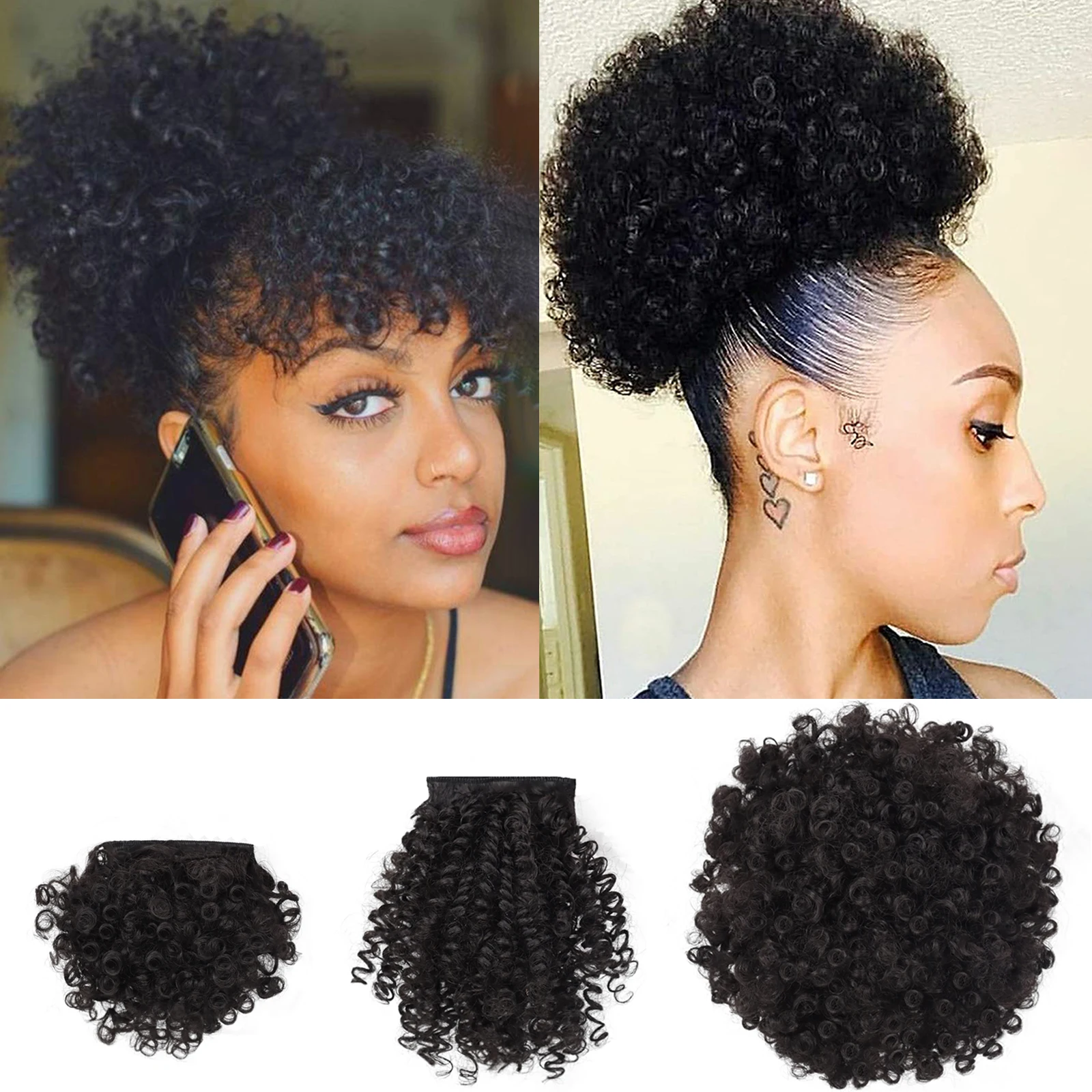 Synthetic Afro Puff Drawstring Ponytail with Short Kinky Curly Bun with 2 Replaceable Bangs Pineapple Updo Hair for Black Women