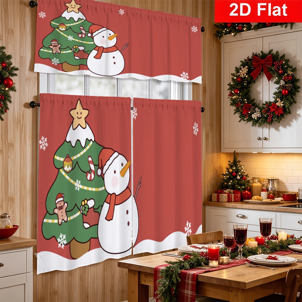 Christmas Kitchen Curtains, Cartoon Christmas Tree Snowman, Digital Print, Kitchen Dining Room, Rod Pocket Polyester, Home Decor