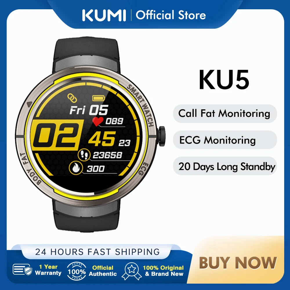 KUMI KU5 Men Smart Watch BMI+ECG Monitor Heart Rate Blood Pressure Monitoring Waterproof Bluetooth5.0 for IOS Android Smartwatch