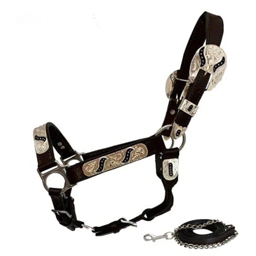 Yearling Leather Show Halter for equestrian use premium leather black engraved silver hardware for elegant durability