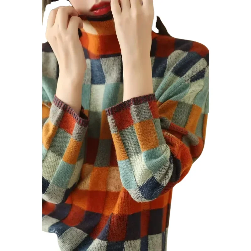 Winter Knitted Women Sweater Plaid Korean Fashion 2024 Turtleneck Long Sleeve Y2K Pullover Soft and Comfortable Sweaters