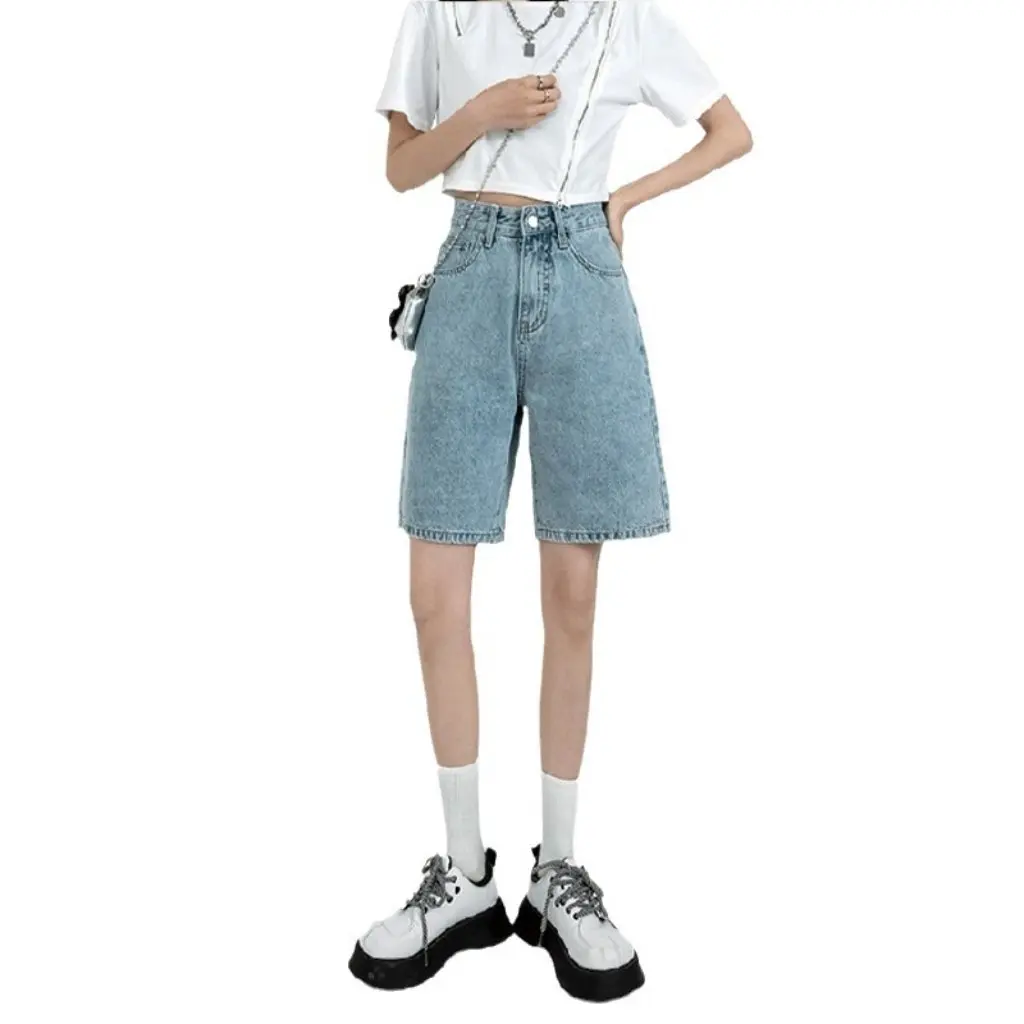 

Женские джинсовые шорты с высокой талией и пятью точками, летние облегающие свободные прямые повседневные джинсы средней длины