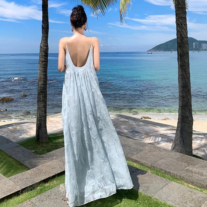 

2024 New Summer Vacation Sling Dress Elegant Women Blue Loose O-Neck Sleeveless Robes Stylish Party Long One Piece Holiday Dress