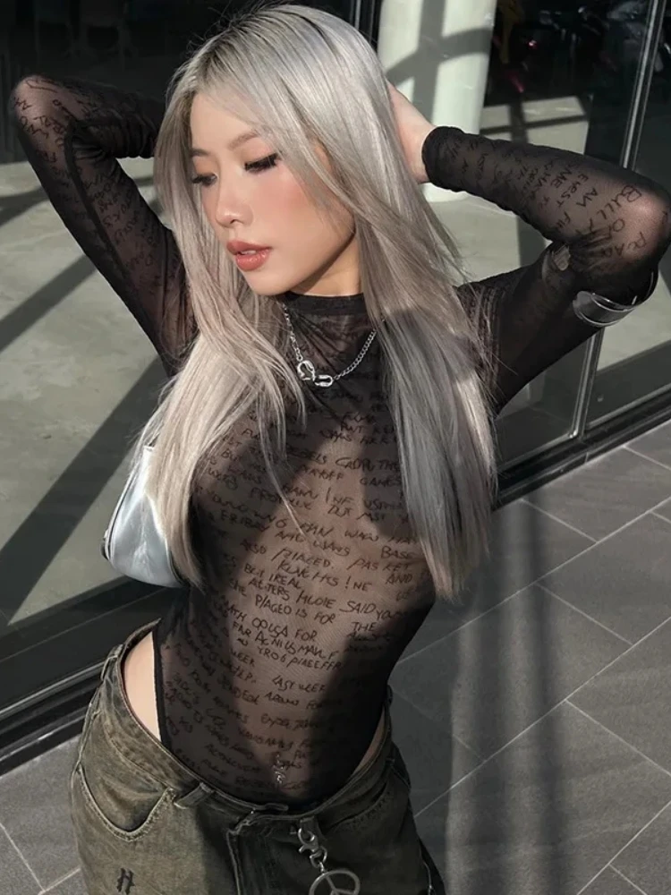 Letter Print Bodysuit Long Sleeve Lingerie Sexy Body Feminino See Through Black Top Women Y2k Clothes Mesh One Piece Rave Outfit