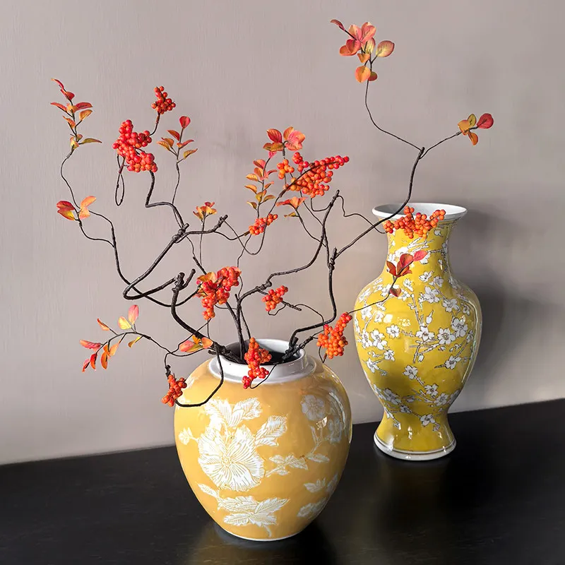 

Chinese Yellow Porcelain Vase White Plum Blossom Pattern Retro Ceramic Flower Vase 36cm Tall for Living Room Tabletop Home Decor