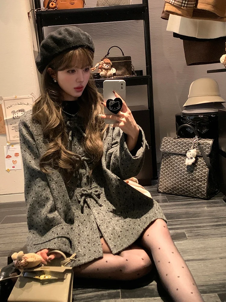 

Шерстяное пальто Acaine с воротником-стойкой в горошек, женское зимнее, приталенное, свободное, прямого кроя, милое, длинное, с рукавами-фонариками