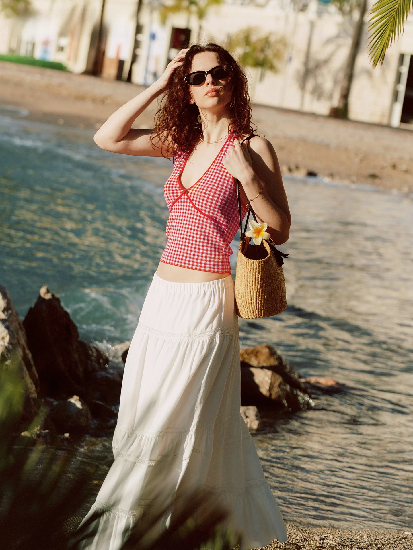 

AZURIERA 2026 New Red Plaid Sleeveless Shoulder Baring Neckline High Fashion Unique Beautiful Women's Shirt French Style Cott...