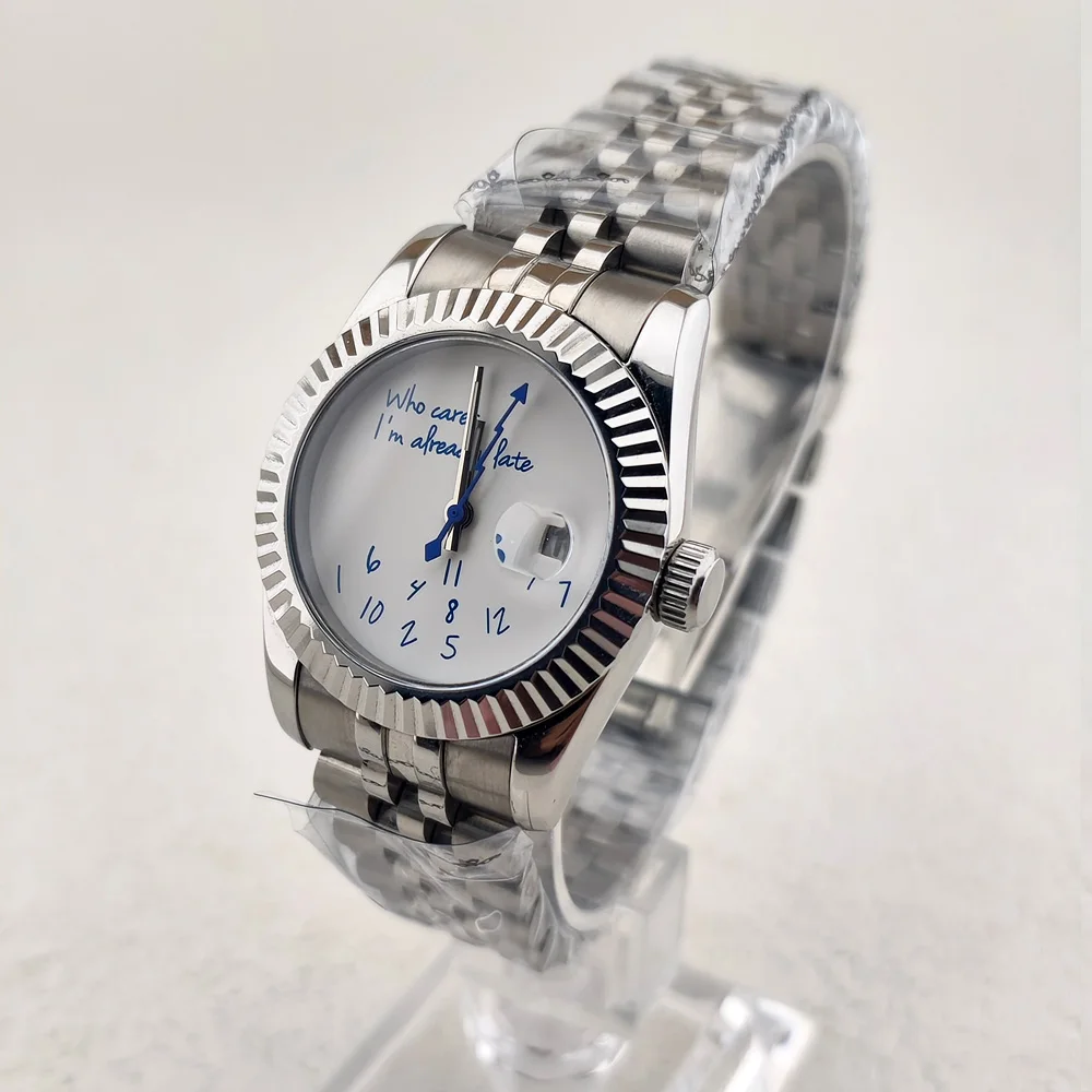 NH05 Lady's Watch Who cares im already late Watch 31mm No Logo Blue Text Matte Dial Sapphire Crystal Glass Automatic Movement
