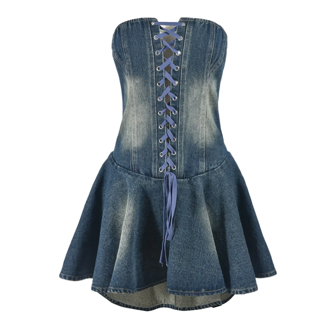 

Denim Dress Women Washed Strapless Pullover Dresses Sleeveless Sexy Vestidos Y2k Streetwear Loose Above Mini Ruffles Summer
