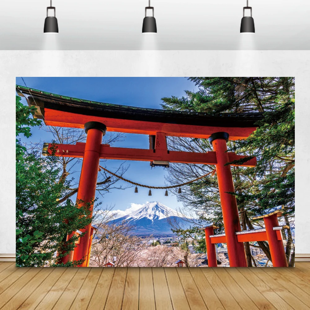 Laeacco Mount Fuji Backdrop Pink Cherry Blossoms Japanese Torii Shrine Natural Scenery Living Room Decor Photography Background