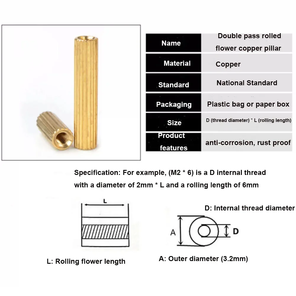 100/200/300/400 Pcs Thread Dia M2 Round Threaded Brass Pillar Female Spacer Nuts Rolling Flower Lemgth 2mm-24mm