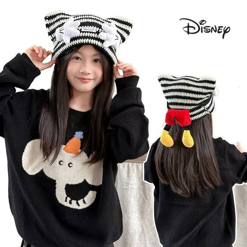 

Disney Mickey Cartoon Cute Student Palm Pullover Hat Creative Personalized Girls Autumn Winter Striped Cat Ear Knitted Hat Gift
