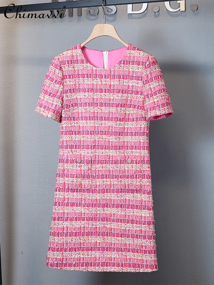 French Style Elegant Socialite Pink Striped Sequined Button Round Neck Short Sleeve Straight Slim Fit A-Line Short Dress Women