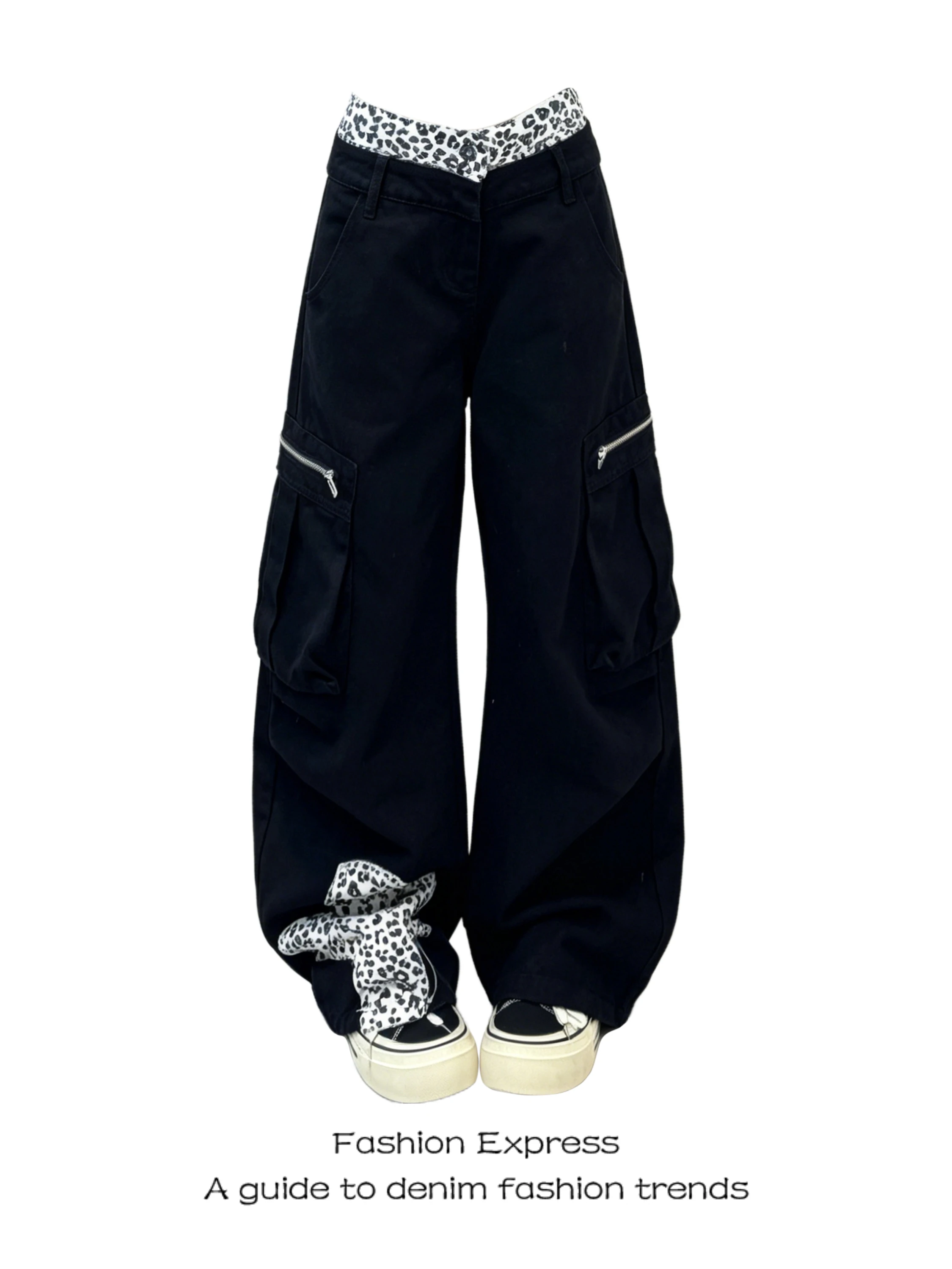 

Retro Heavy Duty Leopard Print Wide Leg Denim Pants Women's Summer New Style High Waist Patchwork Knife Casual Jeans