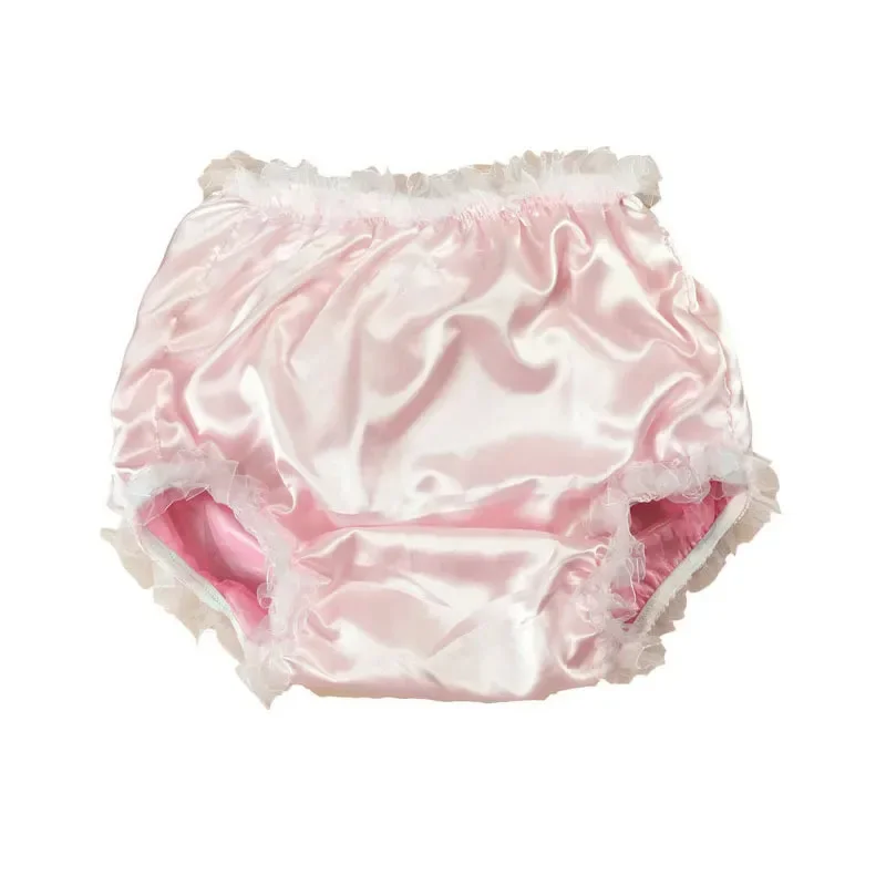 ABDL Adult Baby Diaper Panties Lolita Fashion Double layer Pink Pleated Lace PVC Plastic Satin Briefs Leak Proof Hygiene Panty