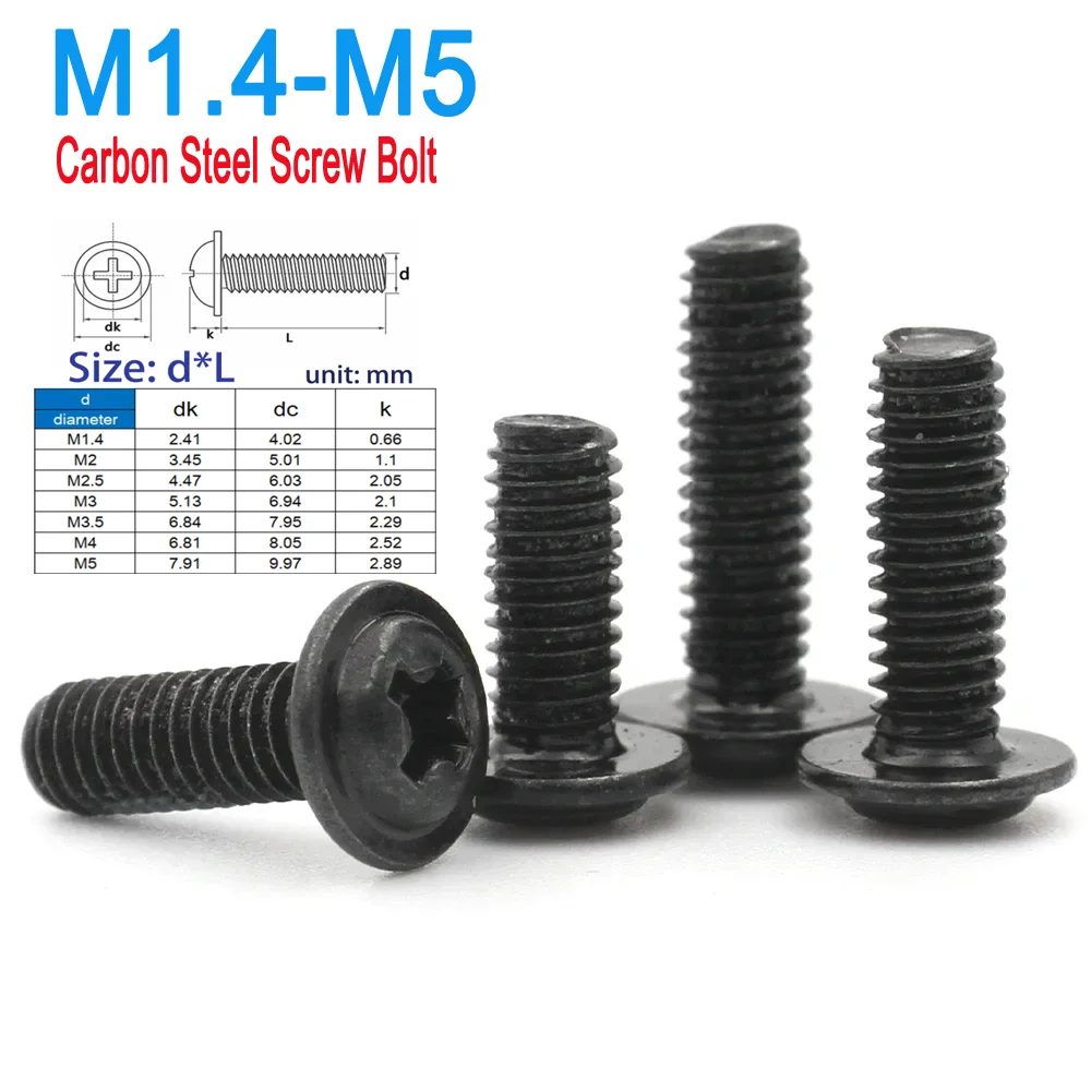 

M1.4 M2 M2.5 M3 M3.5 M4 M5 Black Carbon Steel Phillips Cross Recessed Pan Round Head with Washer Screw Bolt PWM 10/20/50/100pcs