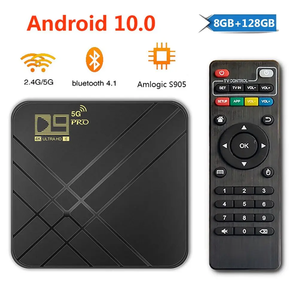 2022 D9 PRO Smart TV Box Android 10.0 Amlogic S905L Quad Core 2.4G/5G Dual WIFI Bluetooth 4K Set Top Box 8GB+128GB IPTV Box