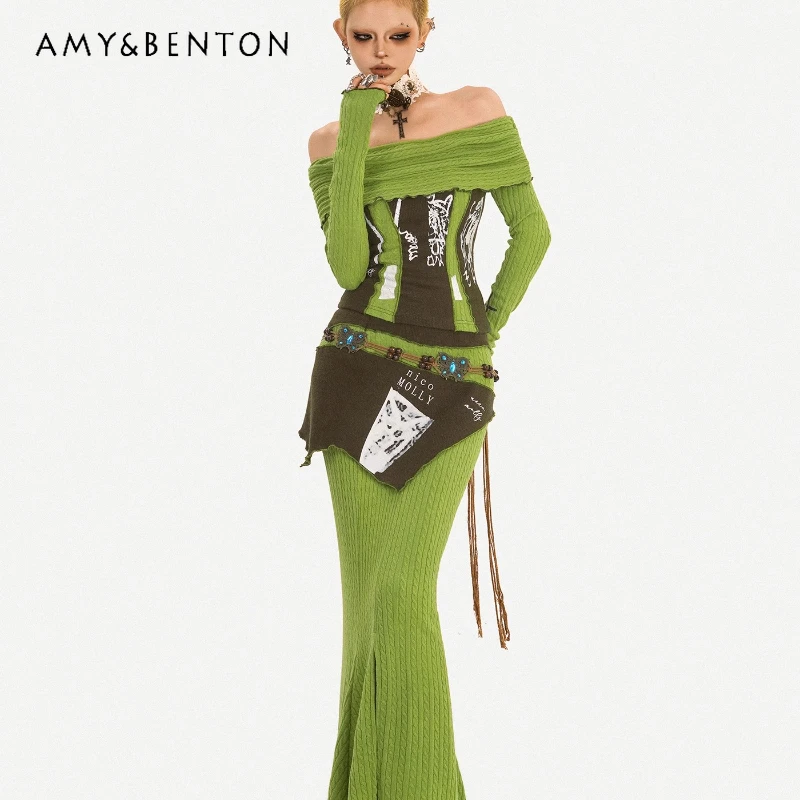 

Autumn New Green Splicing Off-Shoulder Slimming Women's Long Sleeve Top Original Design Sexy Slit Skirts Two-Piece Set Ladies