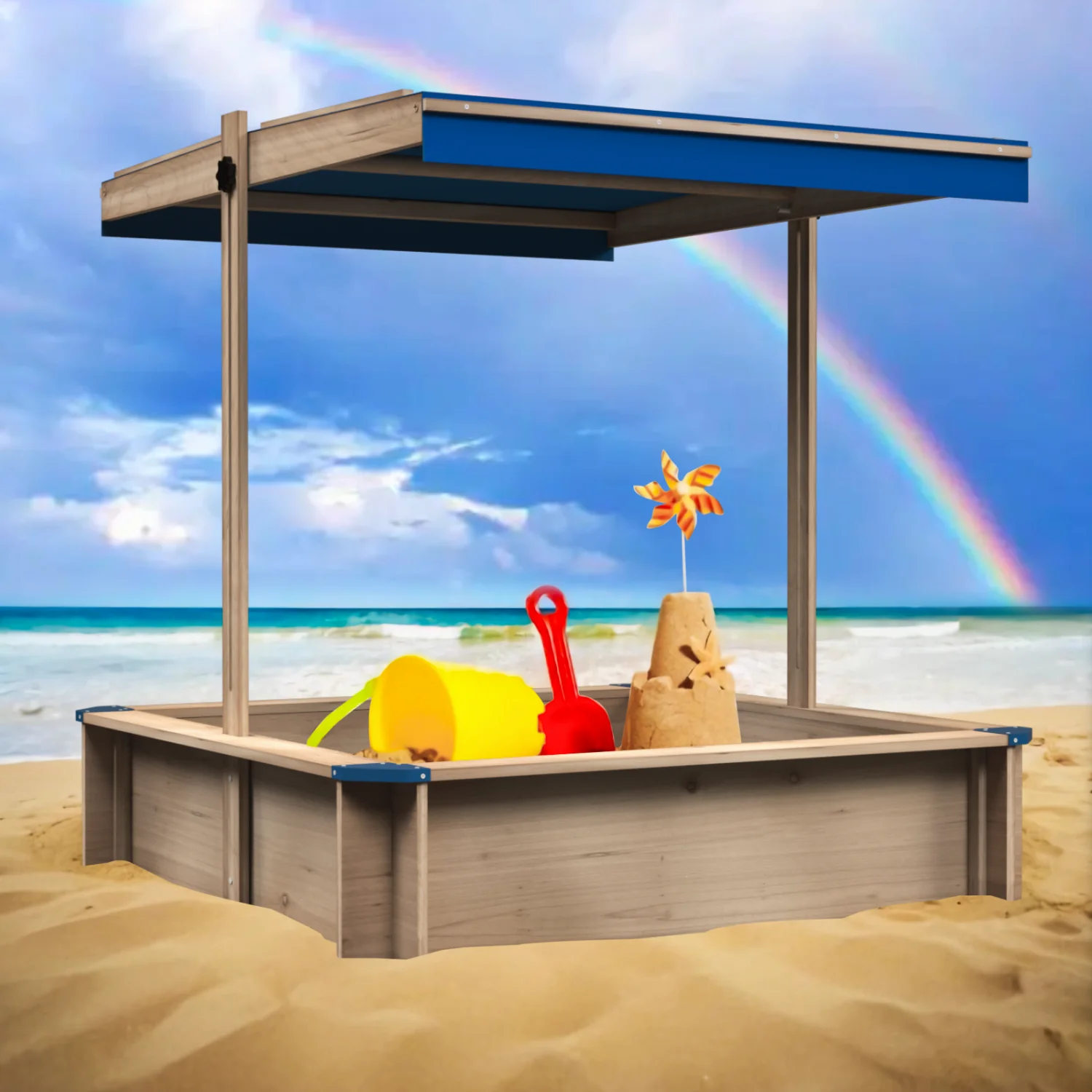 Children's Wooden Sandbox with Adjustable Canopy, Sand box with cover for Garden, Sand Pit for Kids Wood Playset Beach Patio Out