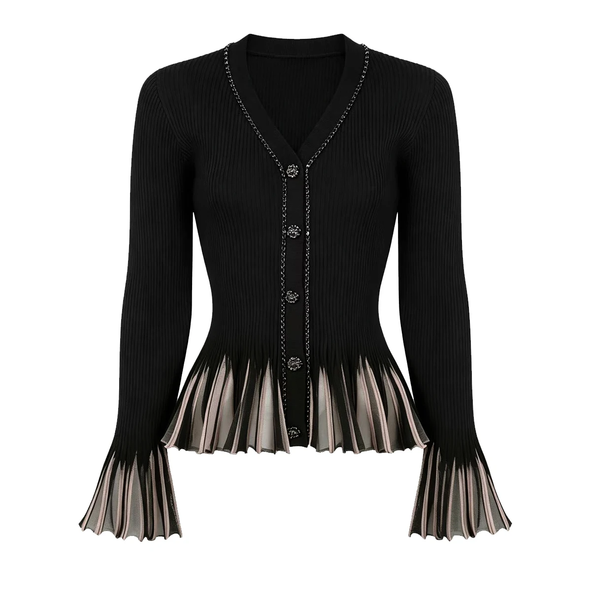 26281 High-Quality Autumn New Fashion Elastic Knitted V-Neck Nail Drill Horn Transparent Long Sleeved Women's Cardigan