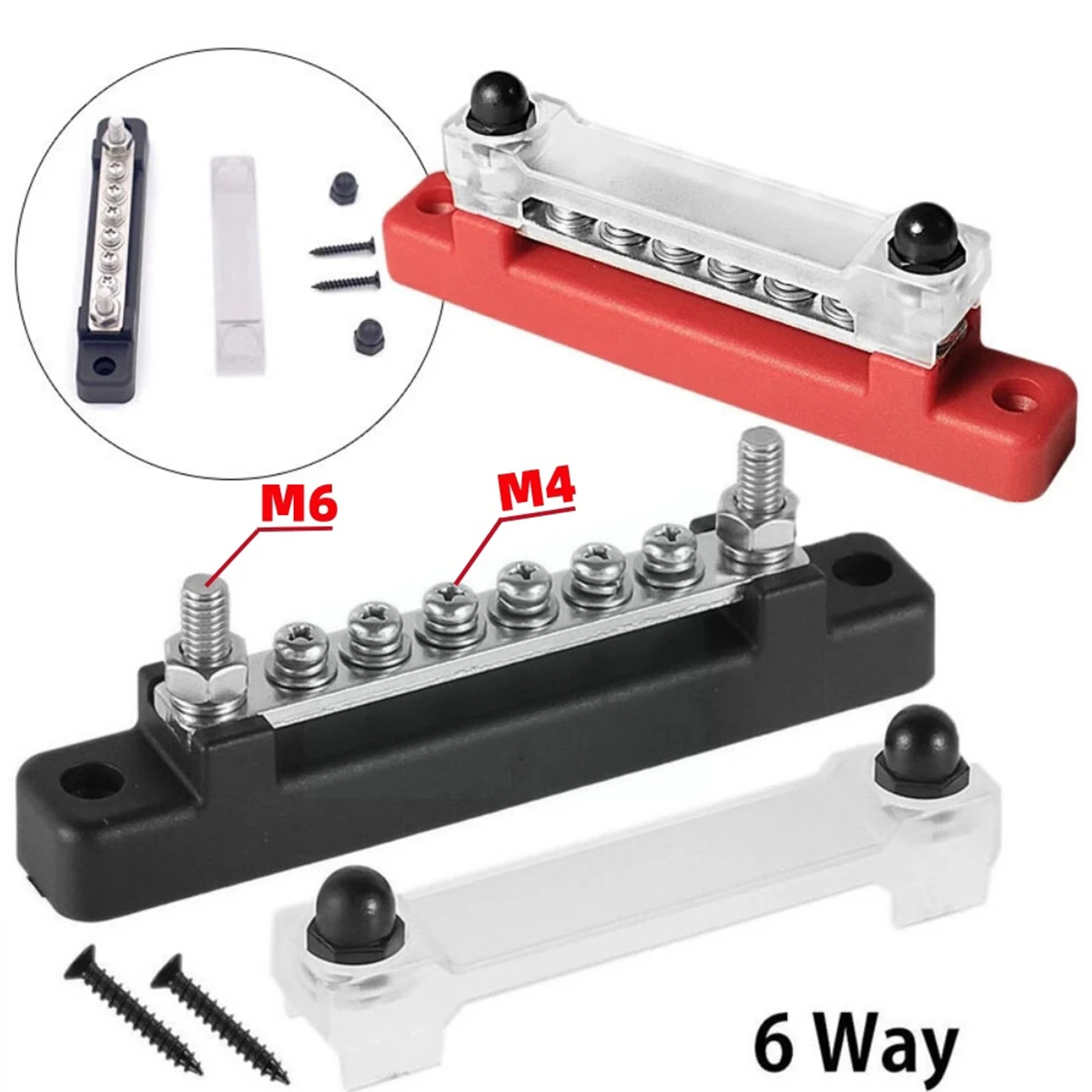 6 Way Car Terminal Block Negative Bus Bar 12V 150A Terminal Block 12V Power Distribution Block M8 Termianl Bus for Automotive