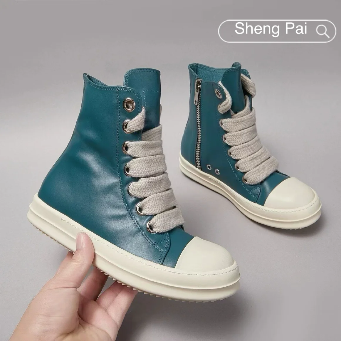 

Brand Men's Shoes Rick Teal Leather High Top Men's Casual Shoes Coarse Laces Owens High Quality Women's Sneakers & Boots