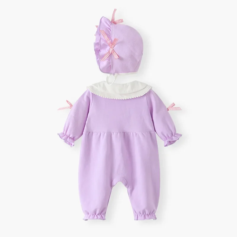 2024 Korean Baby Kids Autumn Climbing Newborn Wear New Lilac Jumpsuit European American Children Light Luxury Bow Belt Clothes