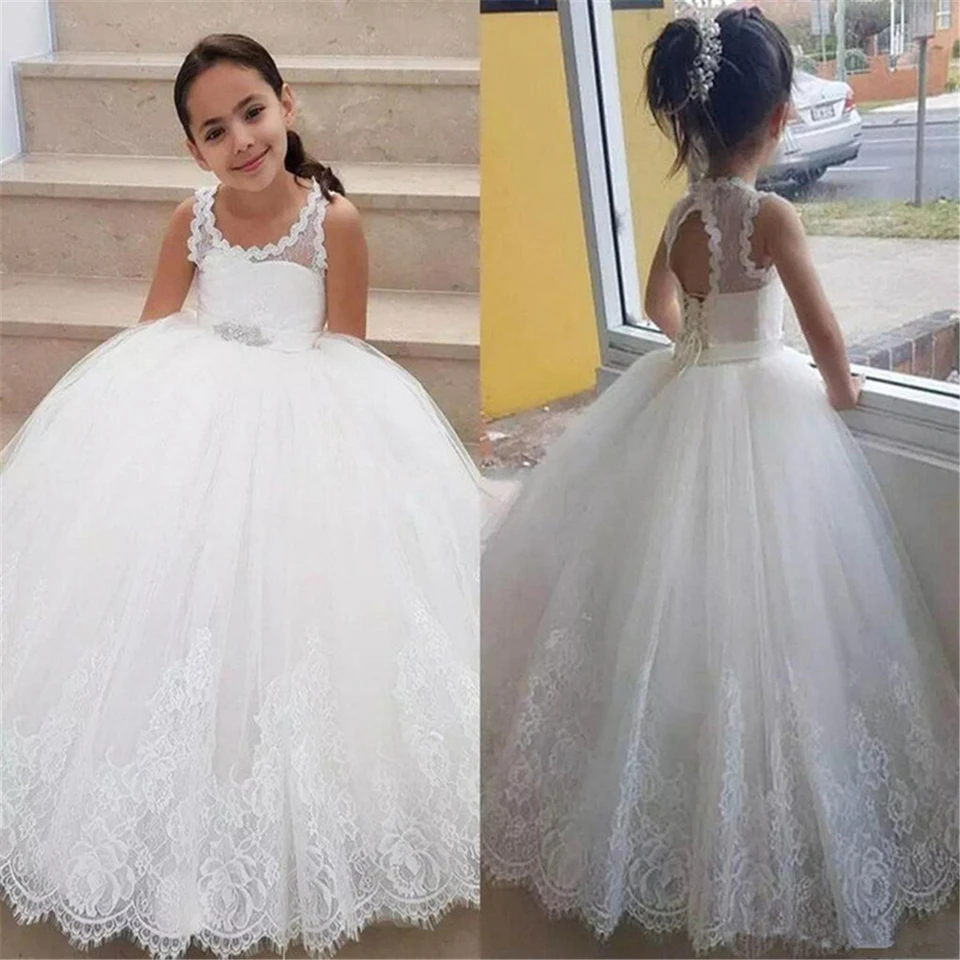 HYGLJL-vestido branco de primeira comunhão para meninas, vestidos de flores sem mangas, vestido de baile inchado, apliques para casamento